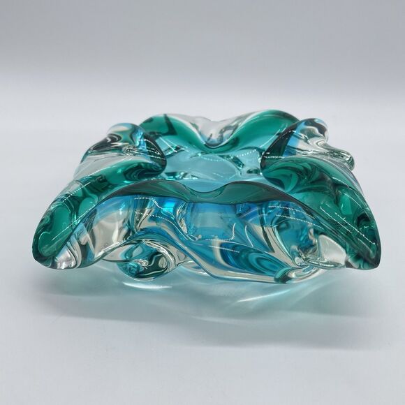 Murano Style Art Glass Ashtray Bowl Green Blue Sommerso Mid Century Heavy Piece - Picture 3 of 8